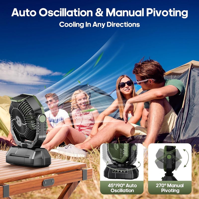 AJVV Camping Fan Rechargeable, Battery Powered Fan With Remote Controller, LED Light, Dual Motors, Stepless Speed, 90°/270° Swing,Timer, Portable fan For Travel Tent Bedroom Beach Fishing, Green - Image 5
